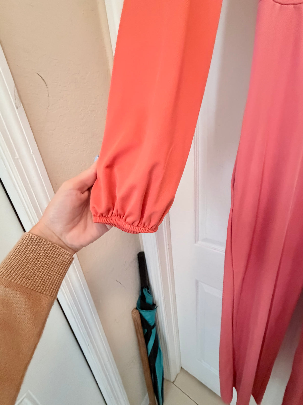 Coral Pink Long Sleeve Button Front Wide Leg Jumpsuit Size Medium