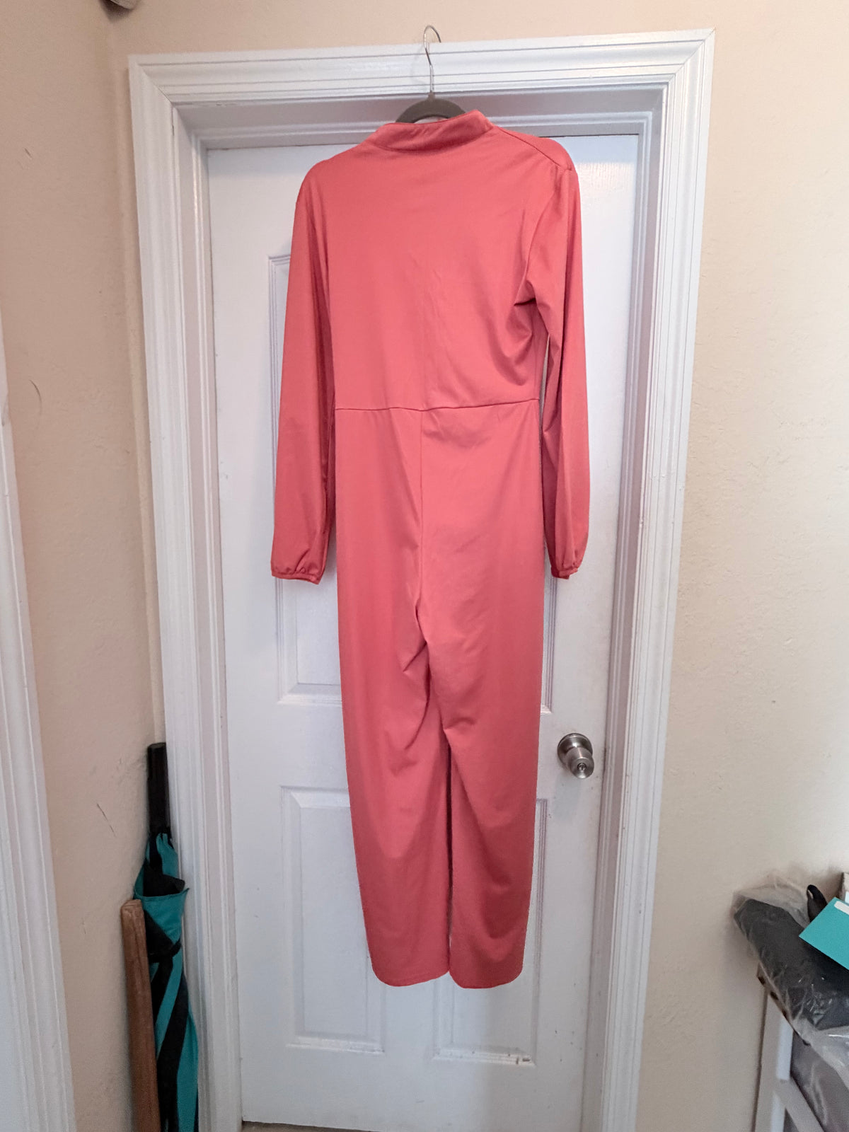Coral Pink Long Sleeve Button Front Wide Leg Jumpsuit Size Medium