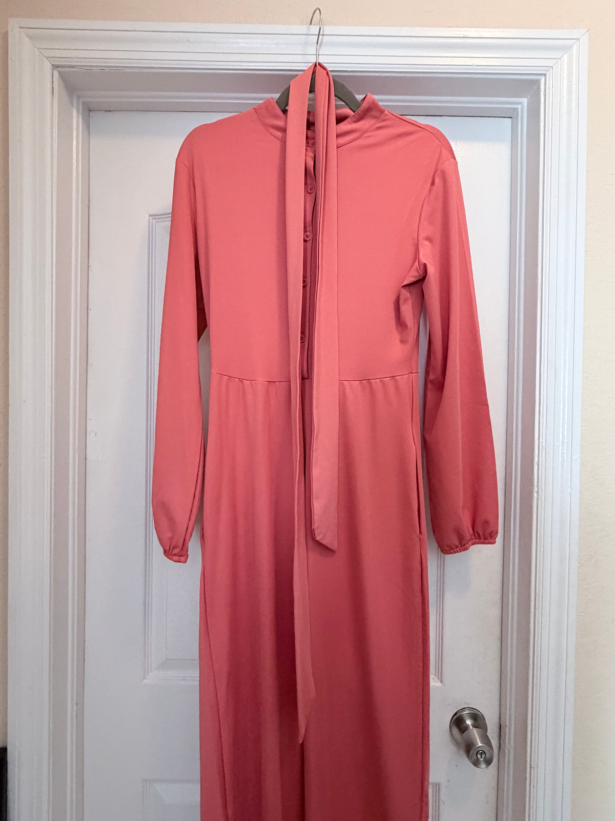 Coral Pink Long Sleeve Button Front Wide Leg Jumpsuit Size Medium