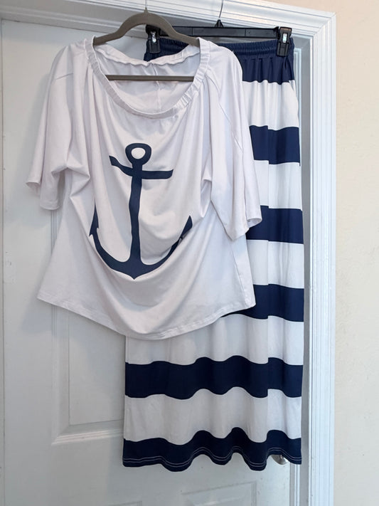 Navy Blue & White Nautical Anchor Top and Striped Maxi Skirt Set Size Large