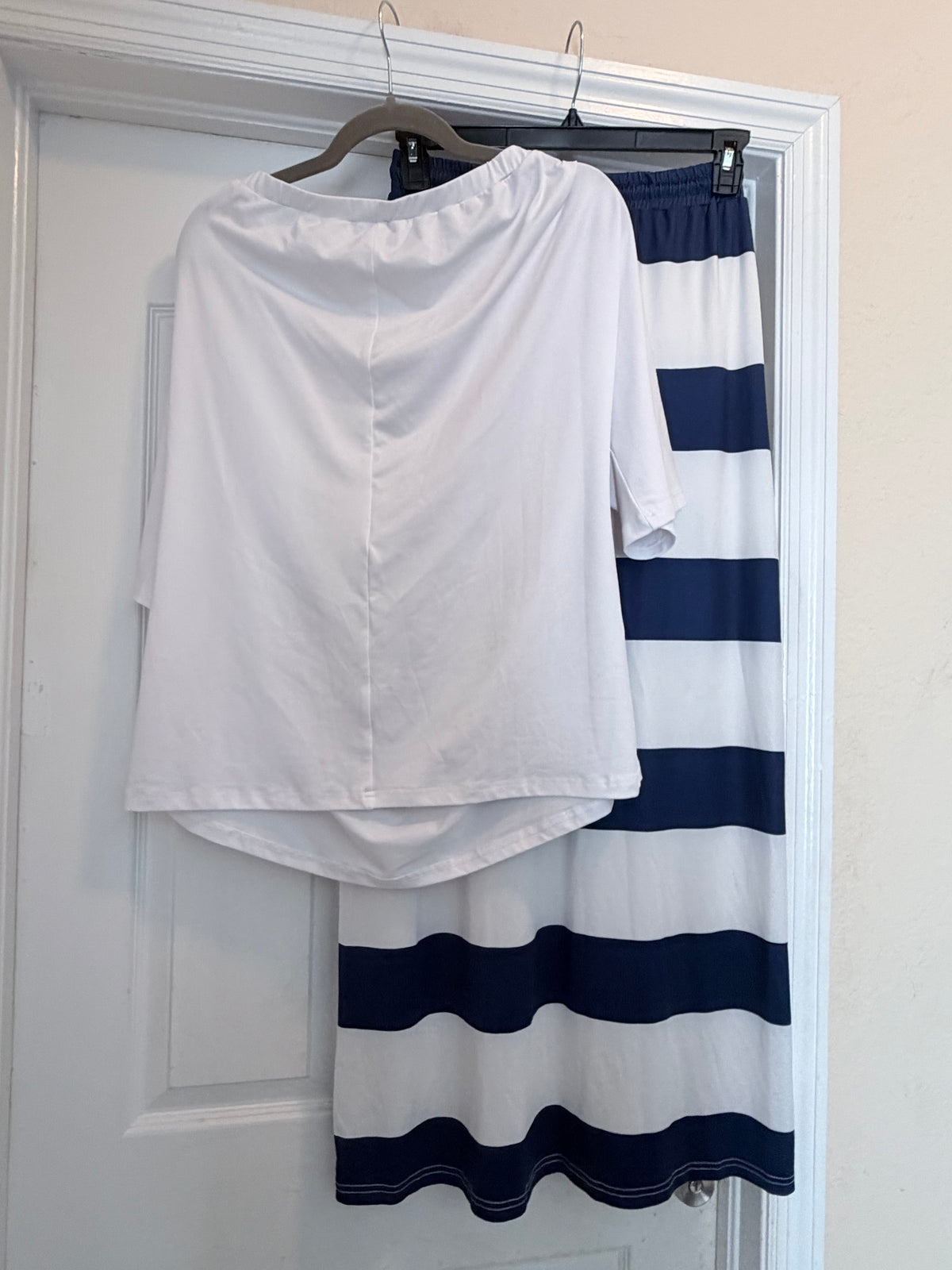 Navy Blue & White Nautical Anchor Top and Striped Maxi Skirt Set Size Large