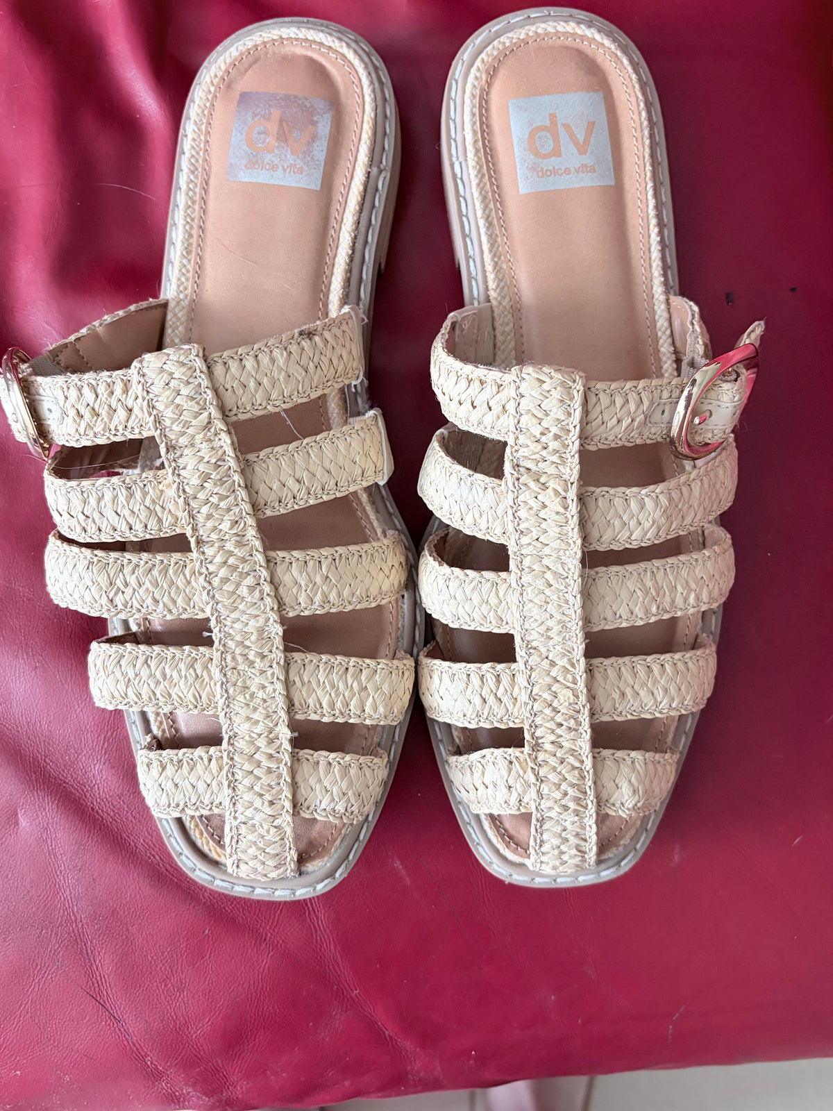 Dolce Vita DV Natural Raffia Woven Strappy Flat Slide Sandals