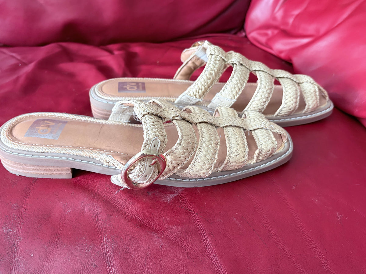 Dolce Vita DV Natural Raffia Woven Strappy Flat Slide Sandals