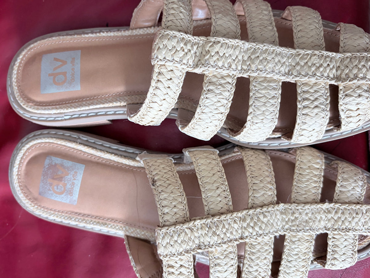 Dolce Vita DV Natural Raffia Woven Strappy Flat Slide Sandals
