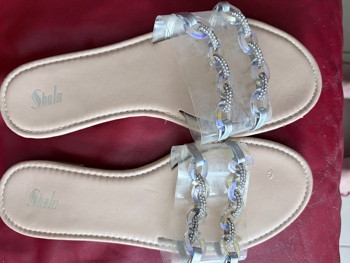 Shein Clear Rhinestone Chain Embellished Flat Slide Sandals Size EU 40