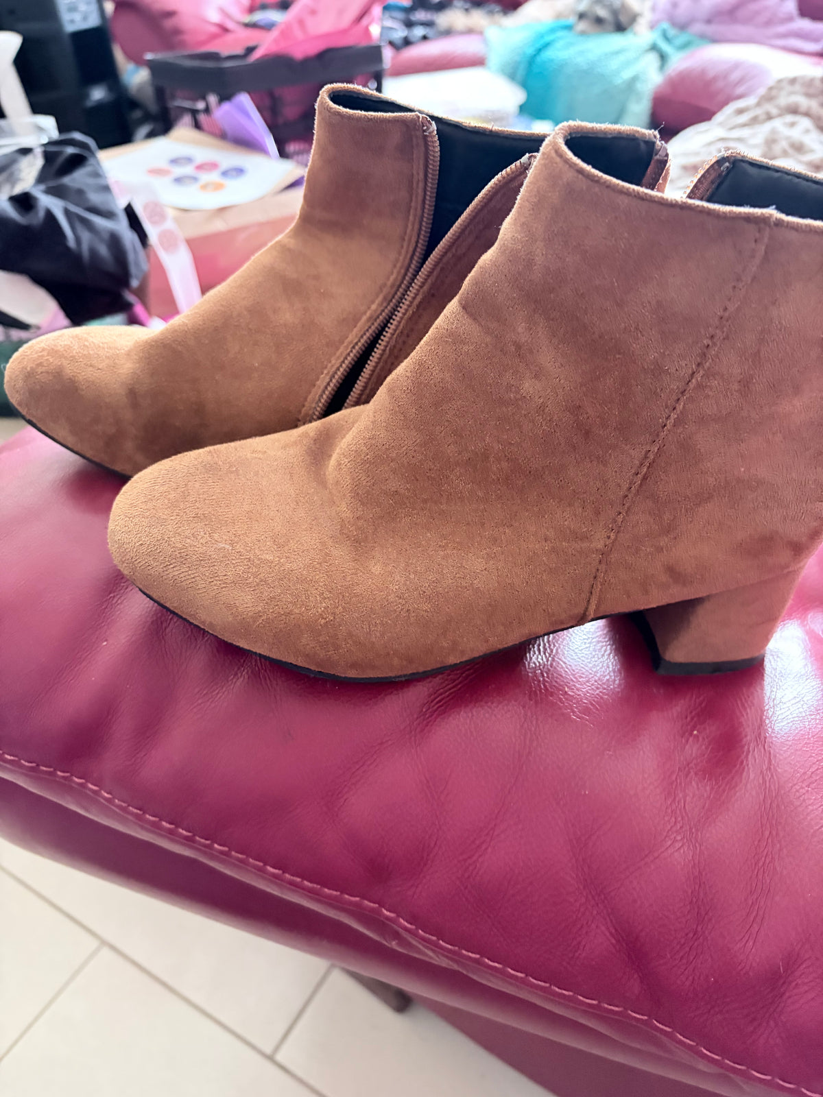 Cognac Brown Faux Suede Ankle Booties Block Heel Side Zip Size EU 41 / US 10