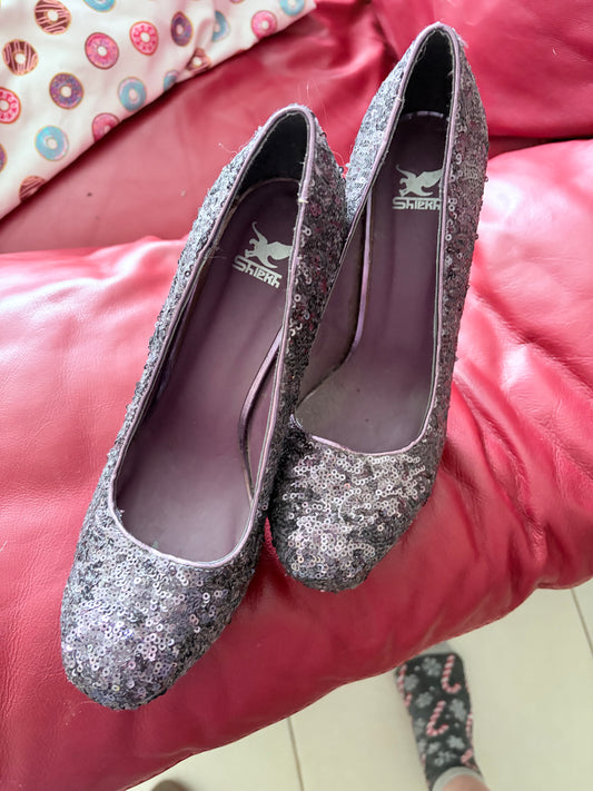 Shiekh Purple Silver Sequin Platform Stiletto Heels Size 9
