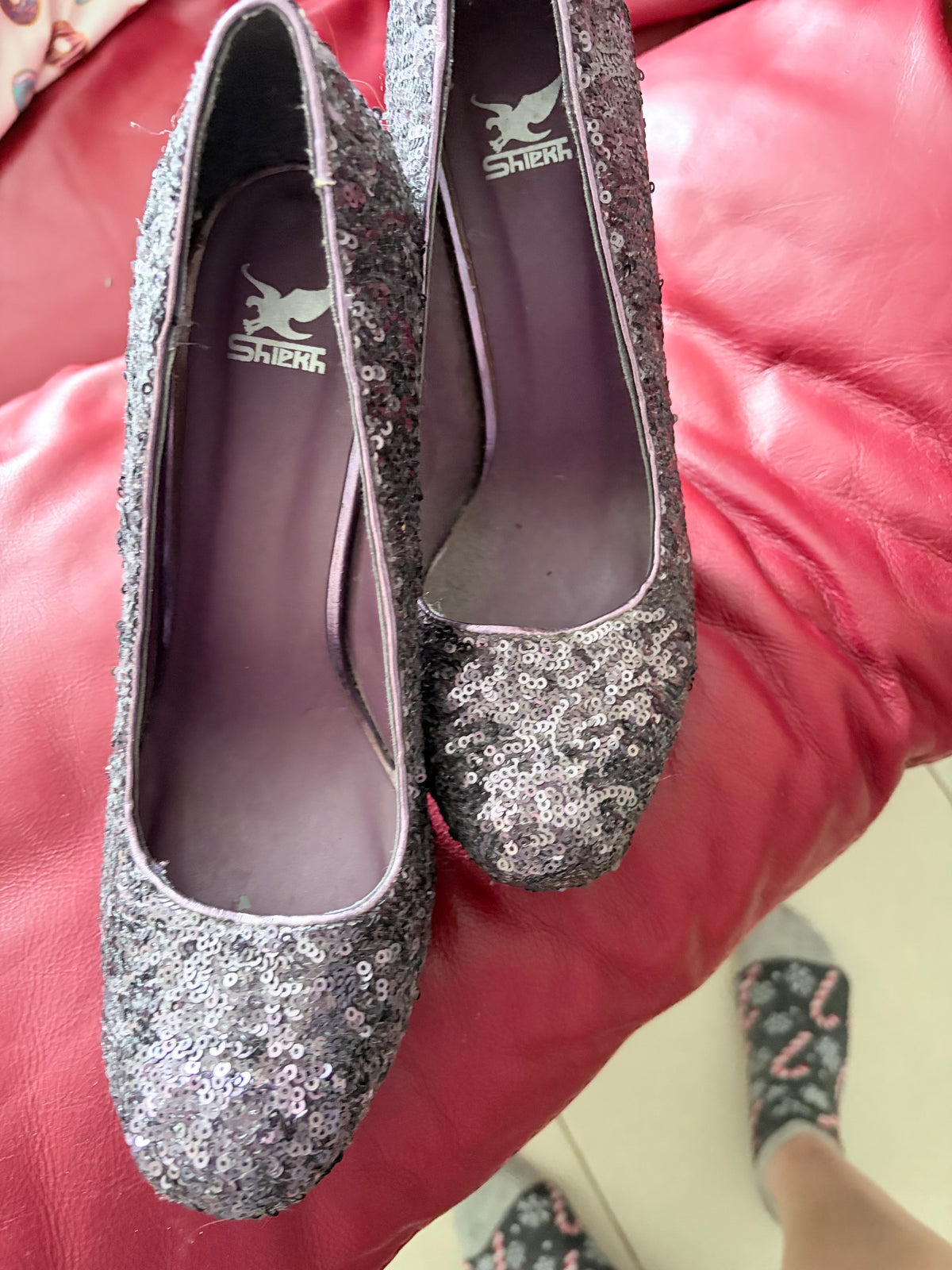 Shiekh Purple Silver Sequin Platform Stiletto Heels Size 9