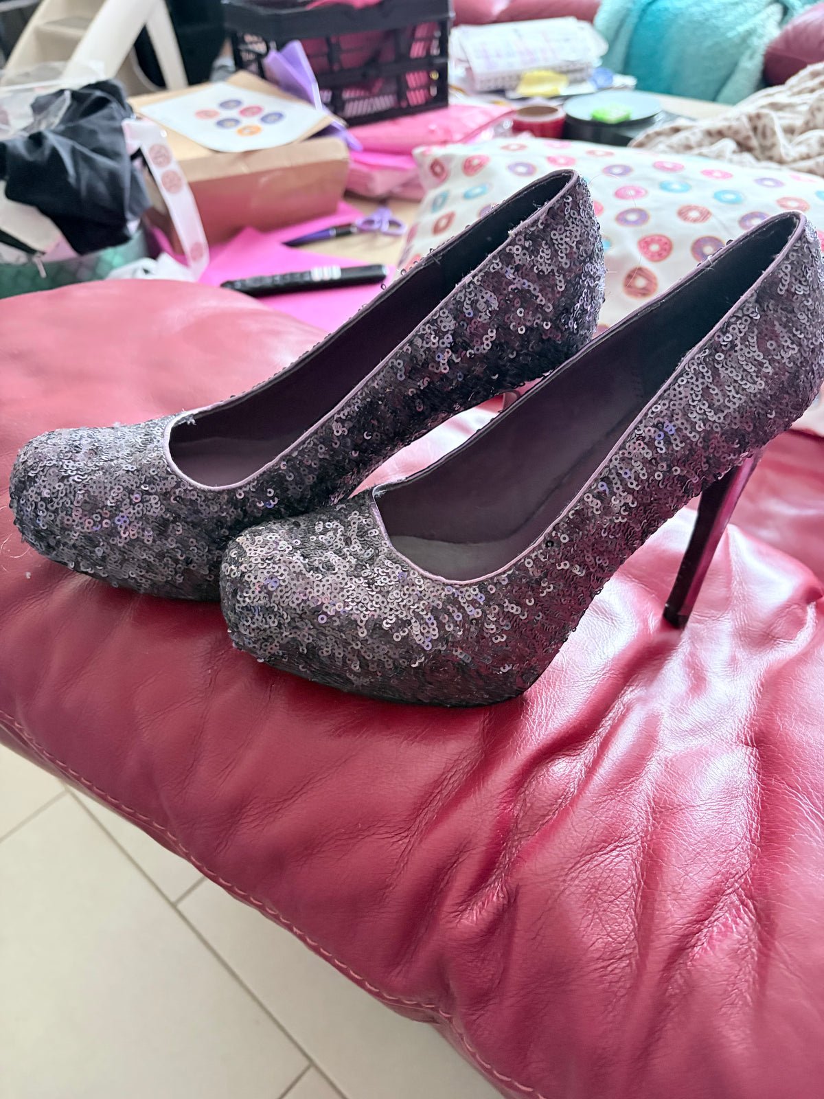Shiekh Purple Silver Sequin Platform Stiletto Heels Size 9