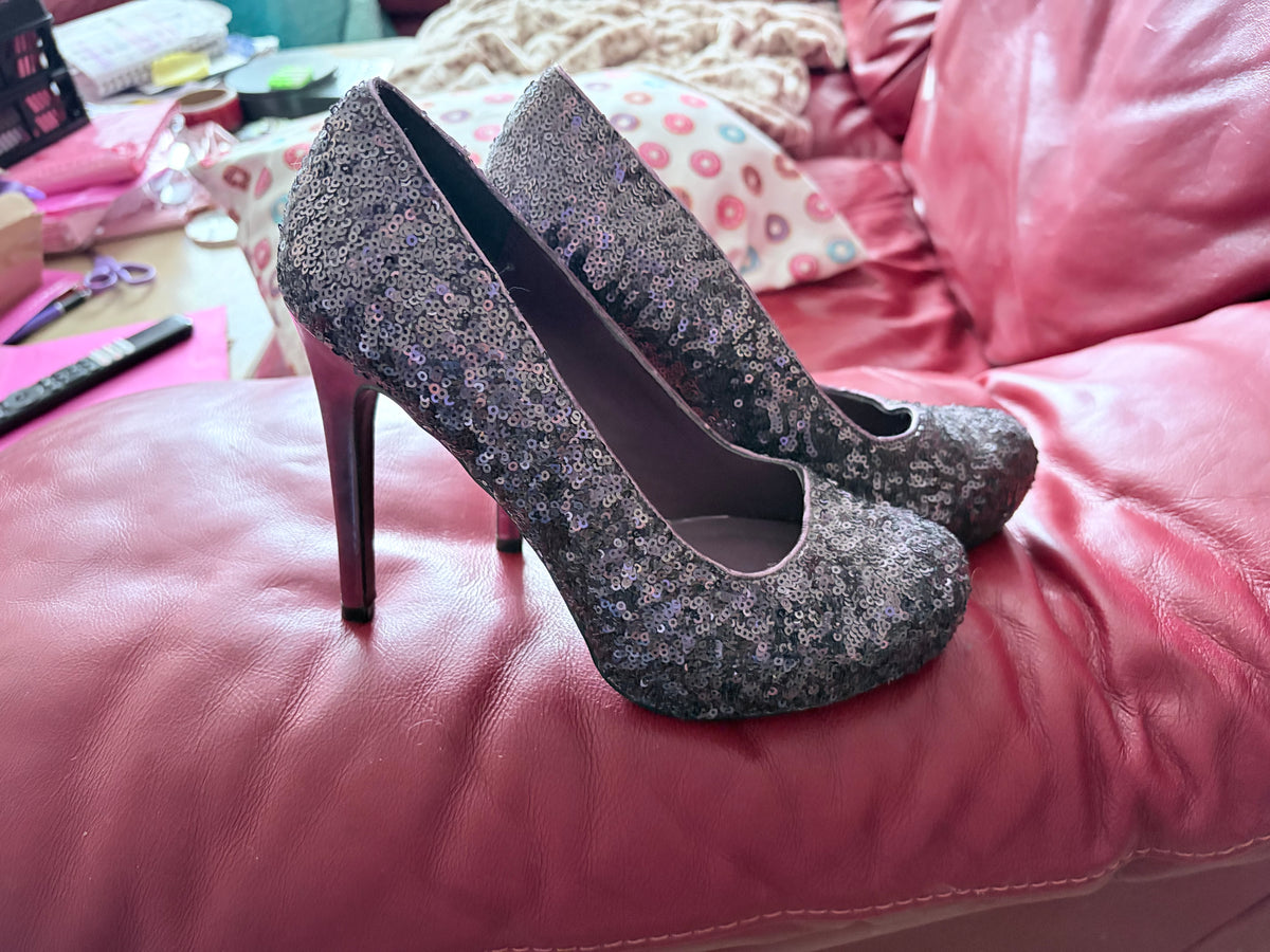Shiekh Purple Silver Sequin Platform Stiletto Heels Size 9