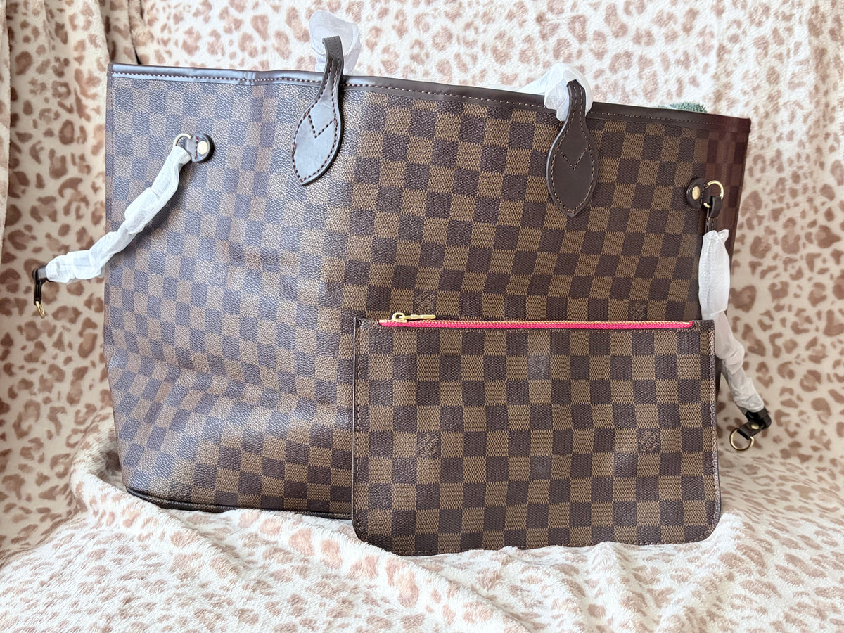 Brown Checkered Tote Bag with Matching Zipper Pouch