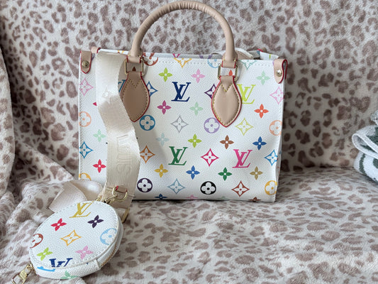 White Multicolor Monogram Satchel Handbag with Pouch