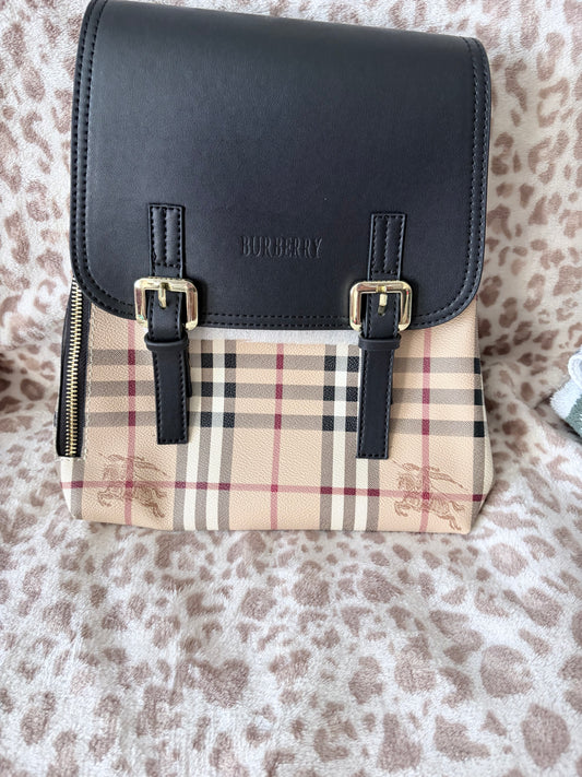 Beige Plaid Mini Backpack with Black Flap