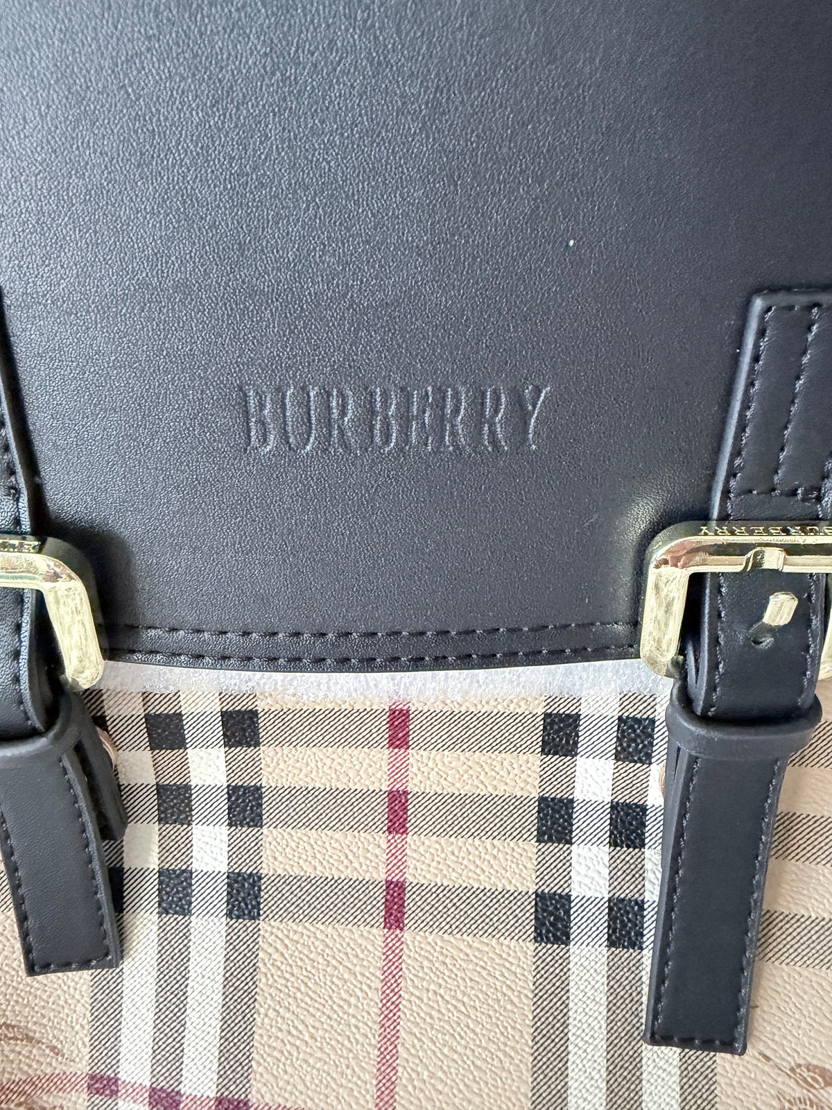 Beige Plaid Mini Backpack with Black Flap
