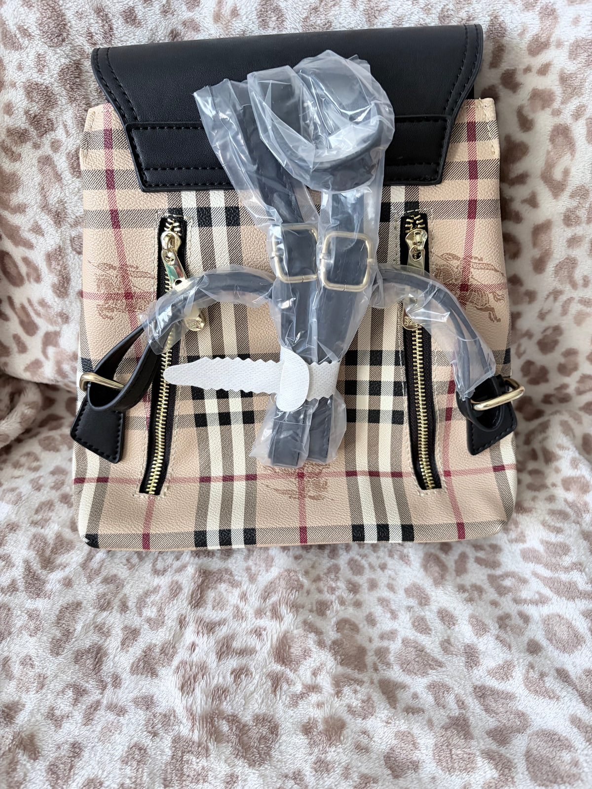 Beige Plaid Mini Backpack with Black Flap