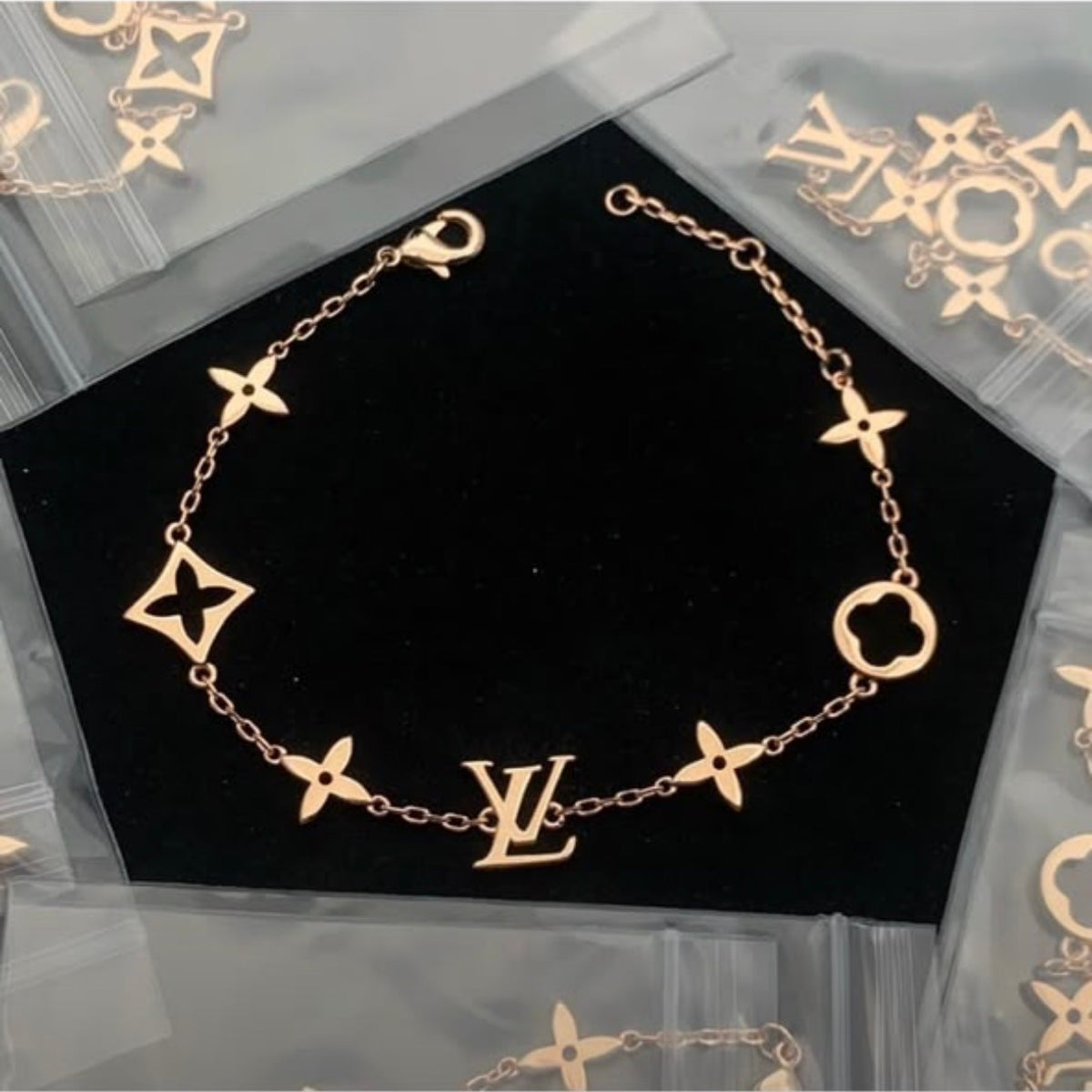 Rose Gold Tone Monogram Charm Chain Bracelet