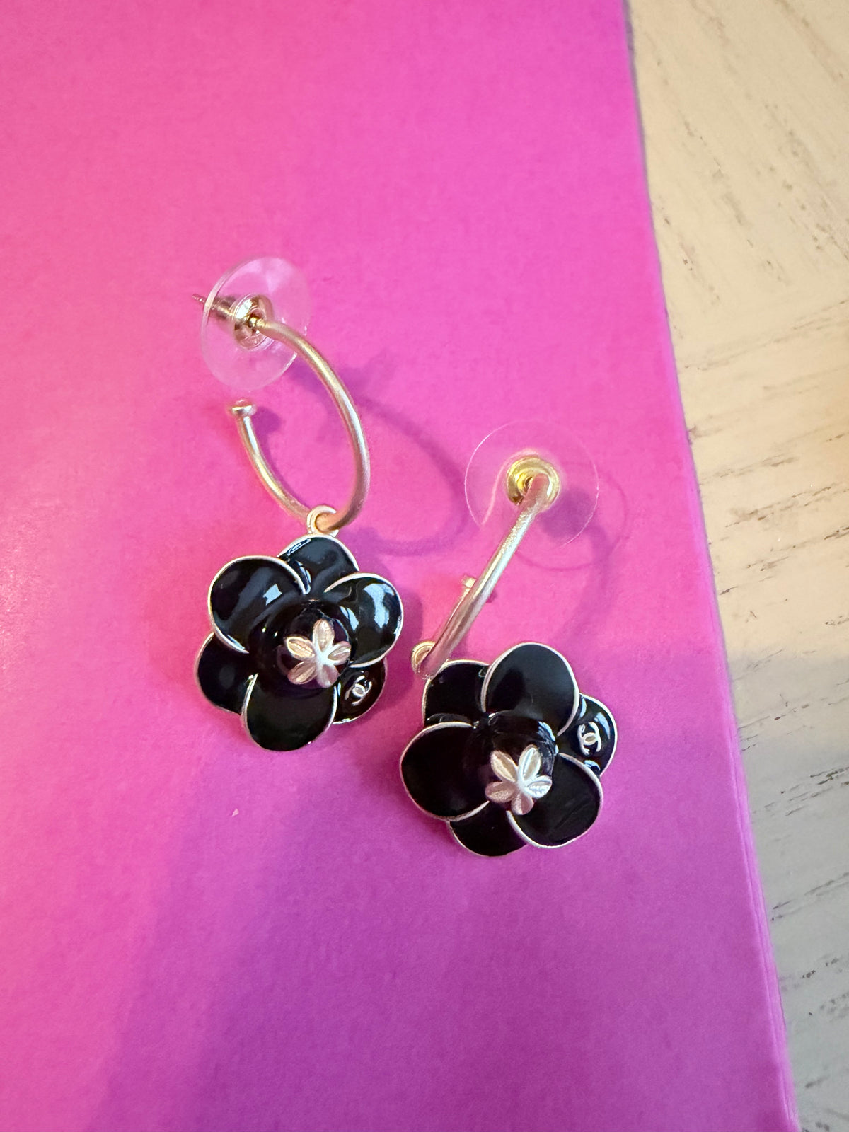 Gold Tone Floral Hoop Dangle Earring