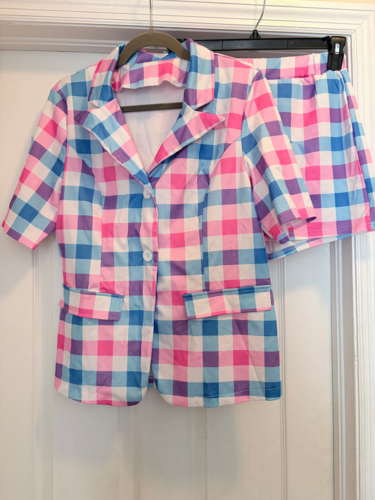 Pink Blue Purple Plaid Blazer & Shorts Set L
