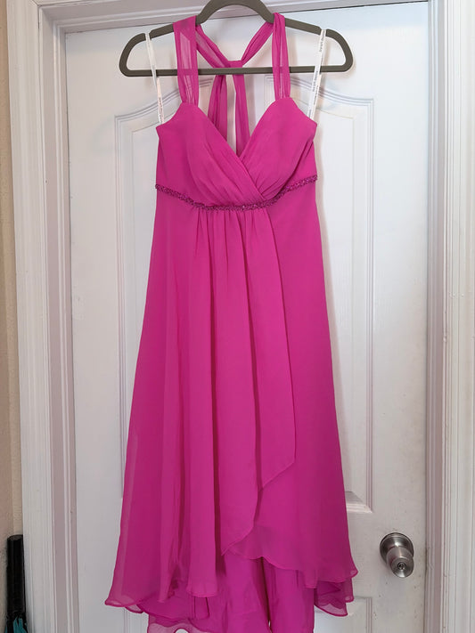 David's Bridal Hot Pink Chiffon Halter Maxi Dress Beaded Formal Gown Size 2