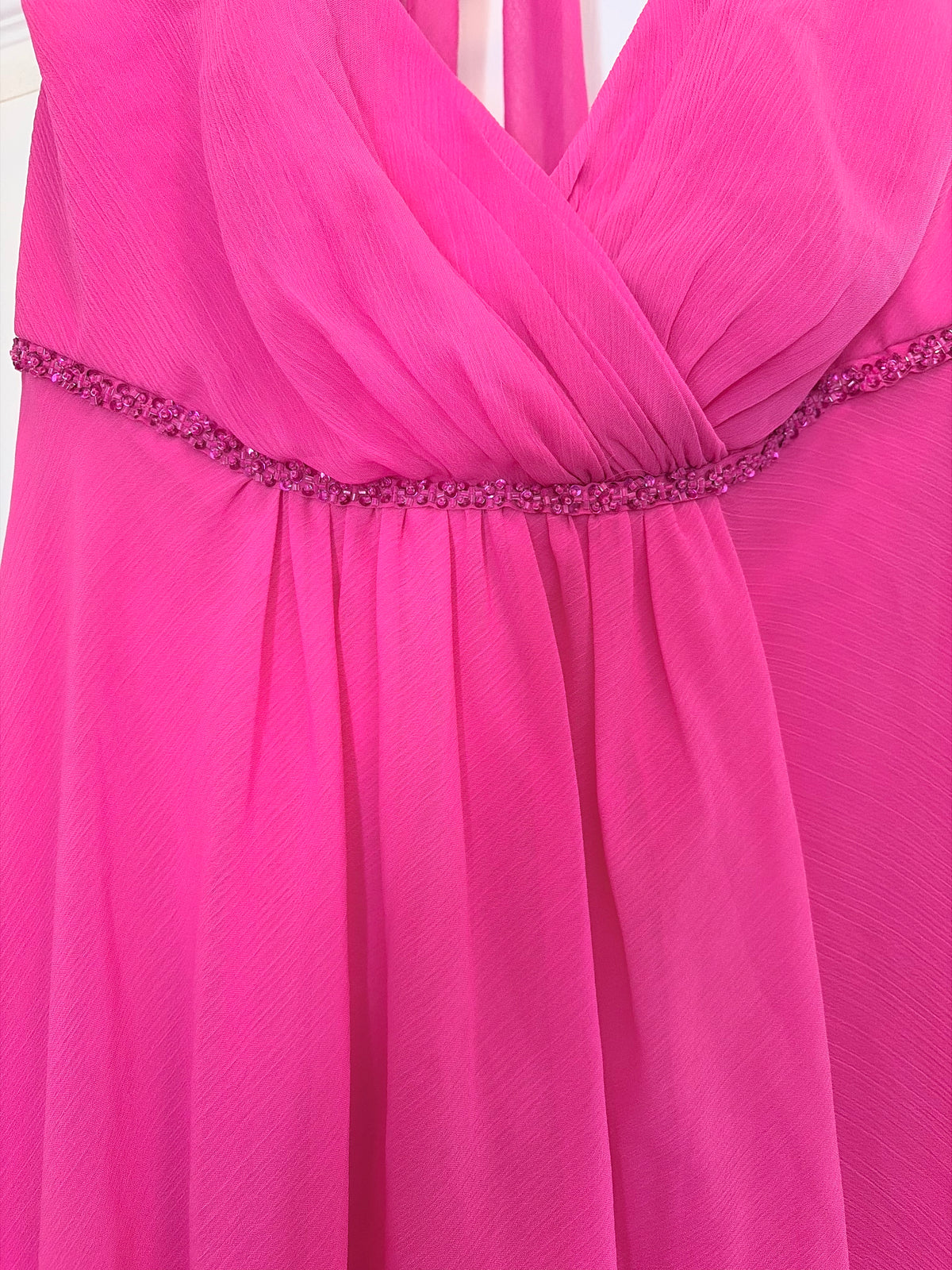David's Bridal Hot Pink Chiffon Halter Maxi Dress Beaded Formal Gown Size 2
