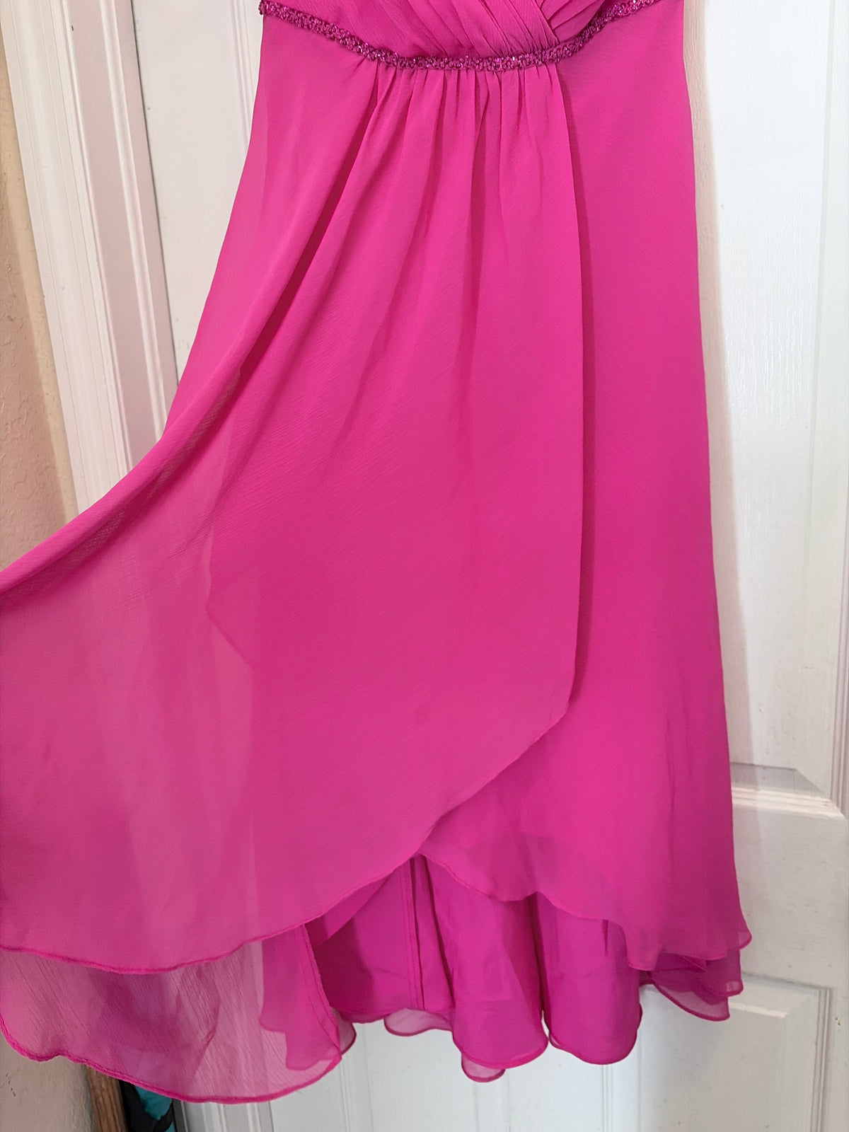 David's Bridal Hot Pink Chiffon Halter Maxi Dress Beaded Formal Gown Size 2