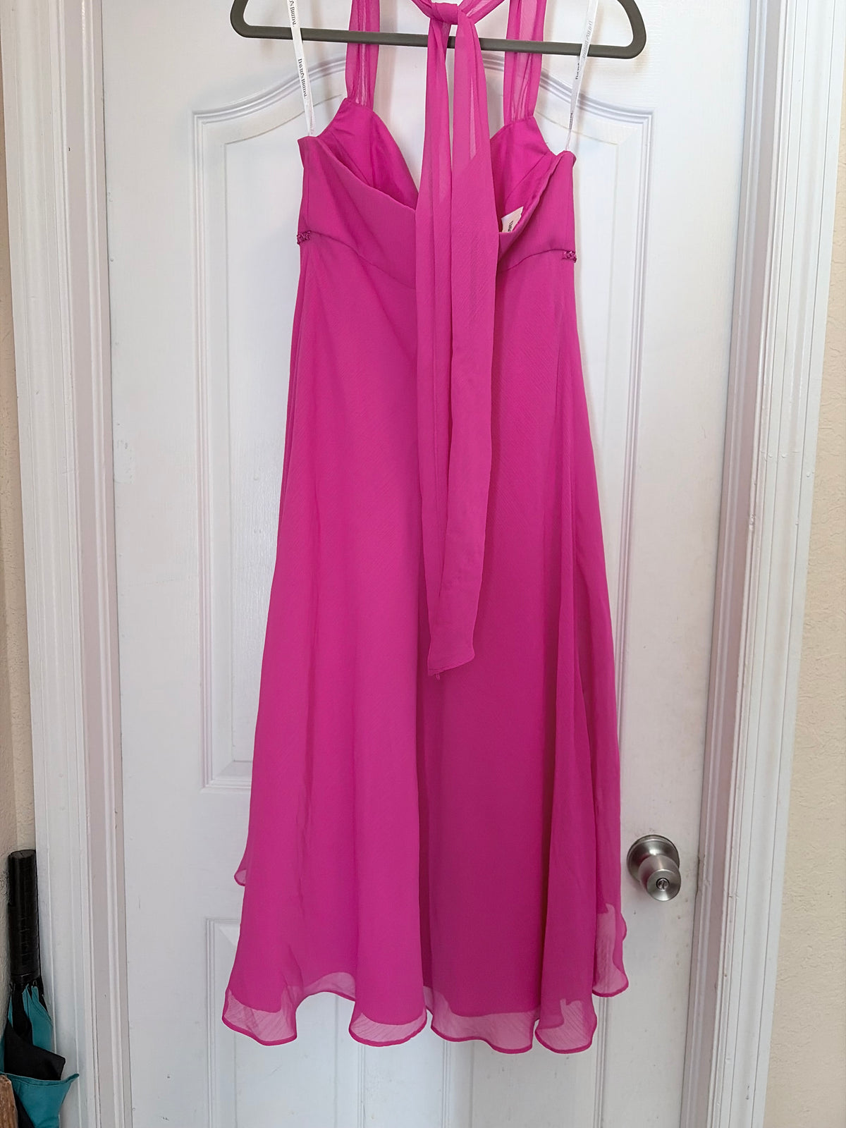 David's Bridal Hot Pink Chiffon Halter Maxi Dress Beaded Formal Gown Size 2