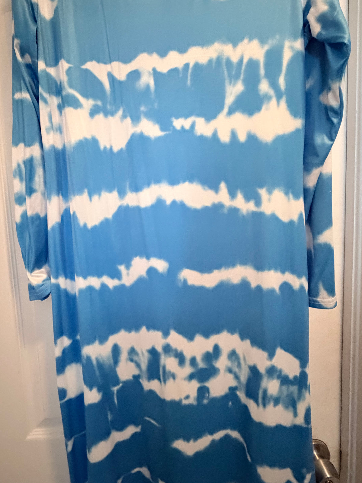 Blue White Tie Dye Long Sleeve V Neck Maxi Dress M