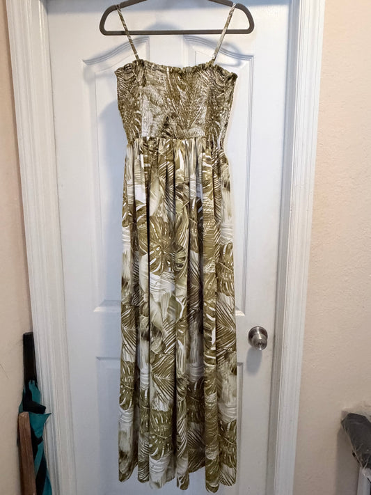 SHEIN Olive Green Tropical Print Smocked Maxi Dress L