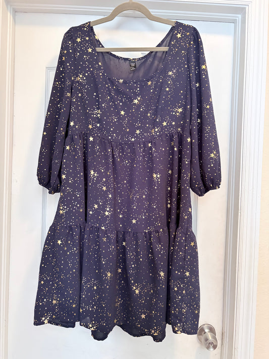 SHEIN Curve Navy Blue Gold Star Tiered Midi Dress 0XL