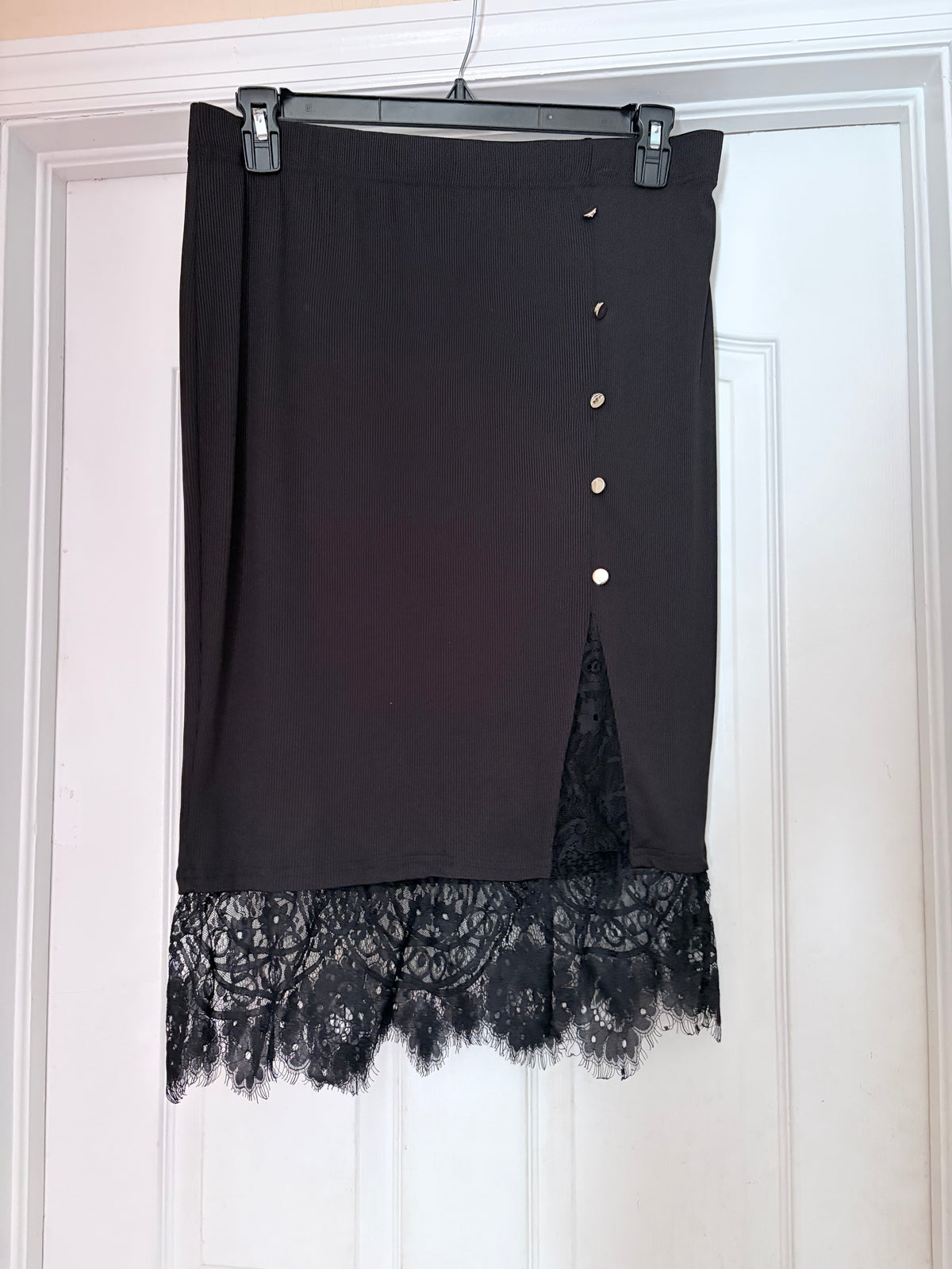 SHEIN Curve Black Ribbed Lace Trim Midi Skirt Size 1XL