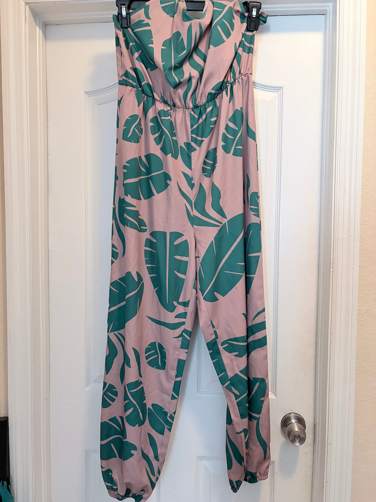 SHEIN Size Large Pink & Green Tropical Palm Leaf Strapless Jumpsuit