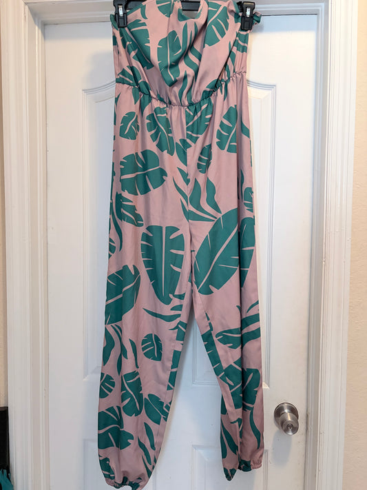 SHEIN Size Large Pink & Green Tropical Palm Leaf Strapless Jumpsuit