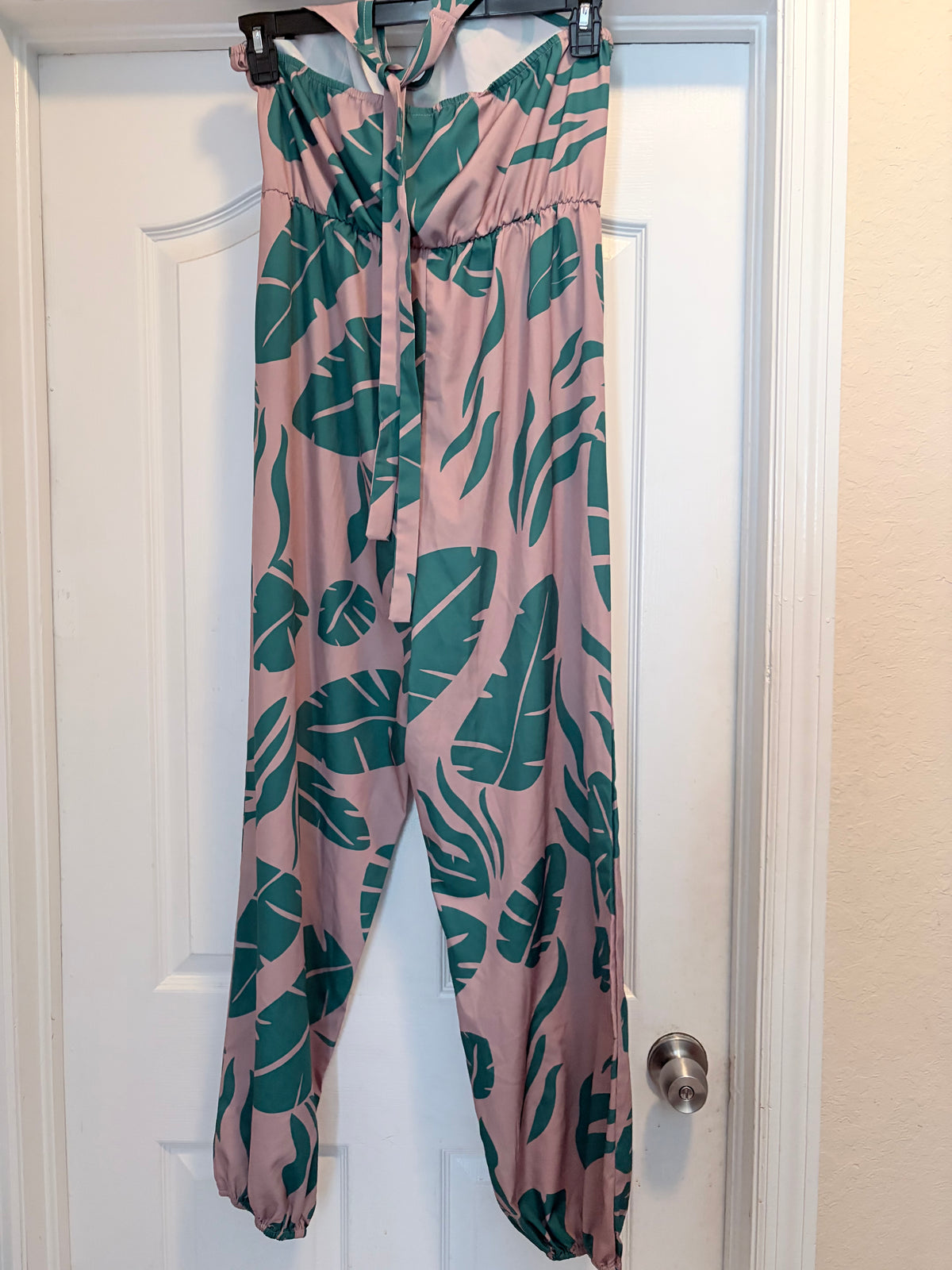 SHEIN Size Large Pink & Green Tropical Palm Leaf Strapless Jumpsuit