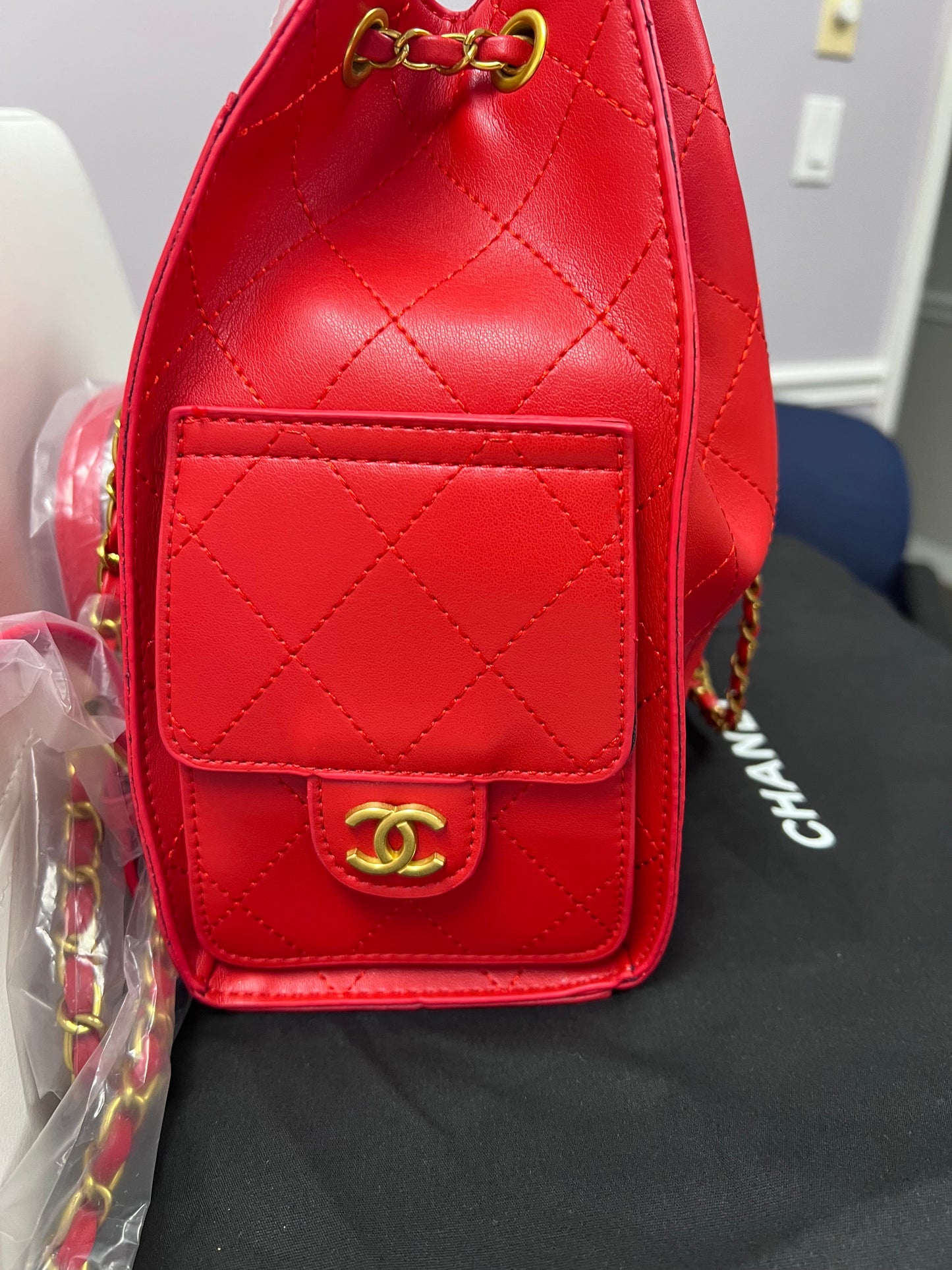 Red Luxe Backpack with Red Rope Closure