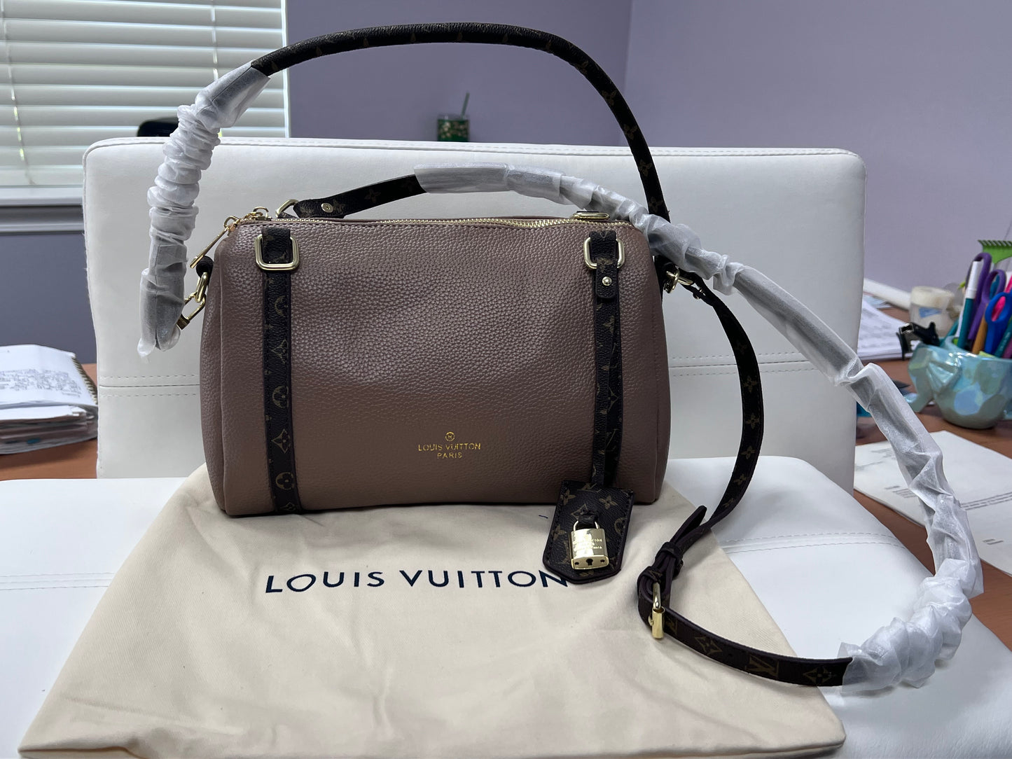 Taupe Barrel Bag with Monogram Straps