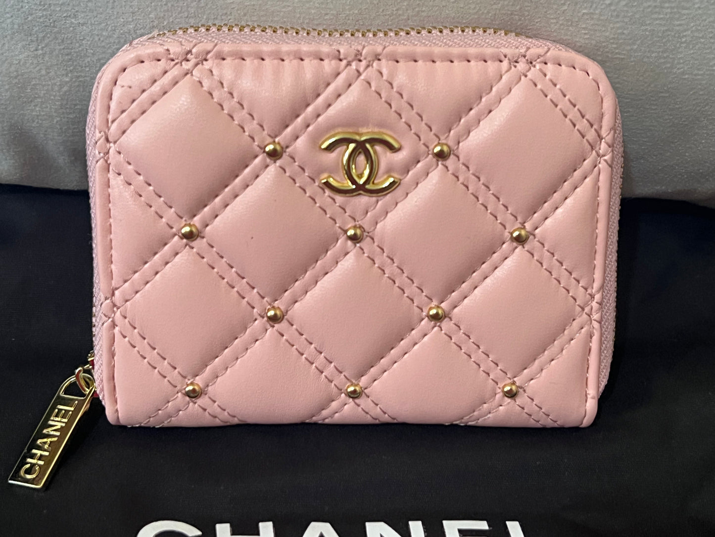 Quilted Wallet with Gold Logo & Gold Studs