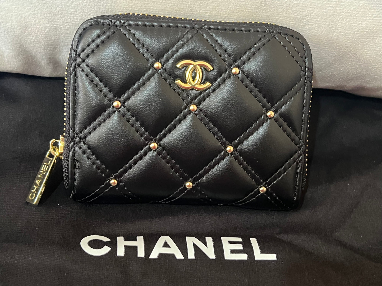 Quilted Wallet with Gold Logo & Gold Studs