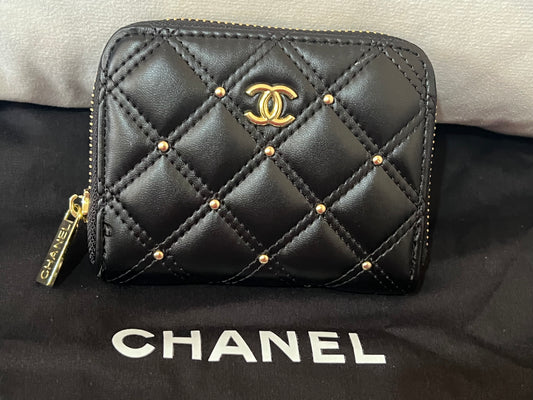 Quilted Wallet with Gold Logo & Gold Studs