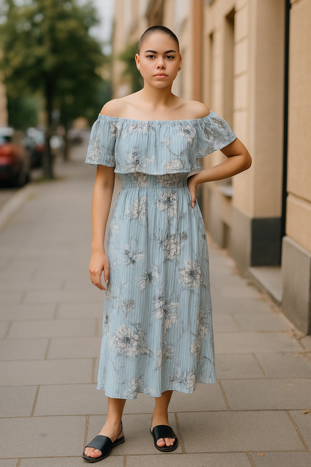Women's Light Blue Dress with White Flowers