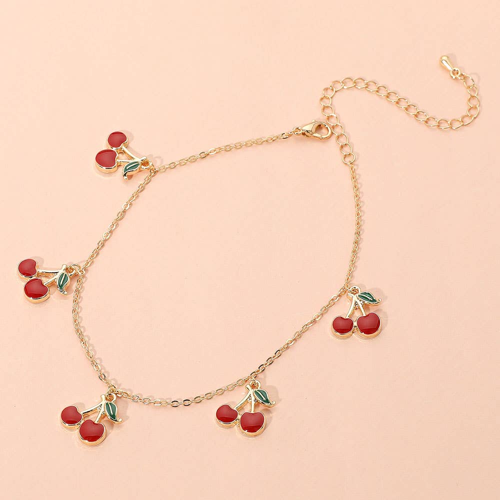 Enamel Cherry Charm Station Anklet