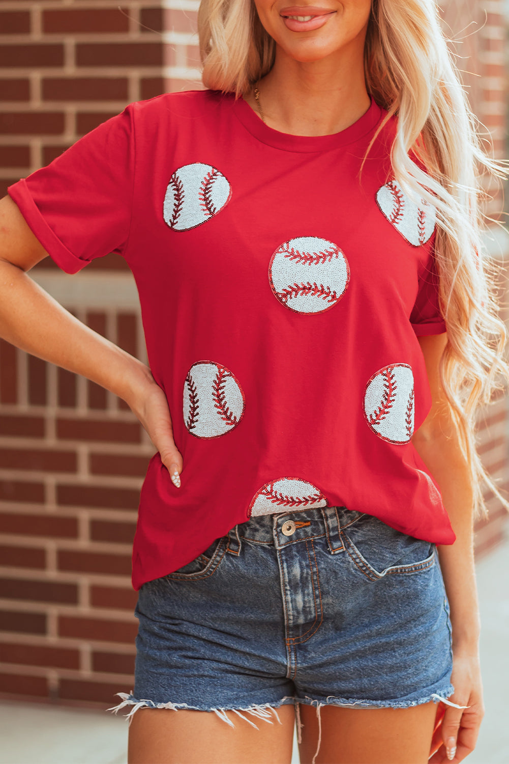 Red Glittering Baseball Pattern Crew Neck Game Day T Shirt