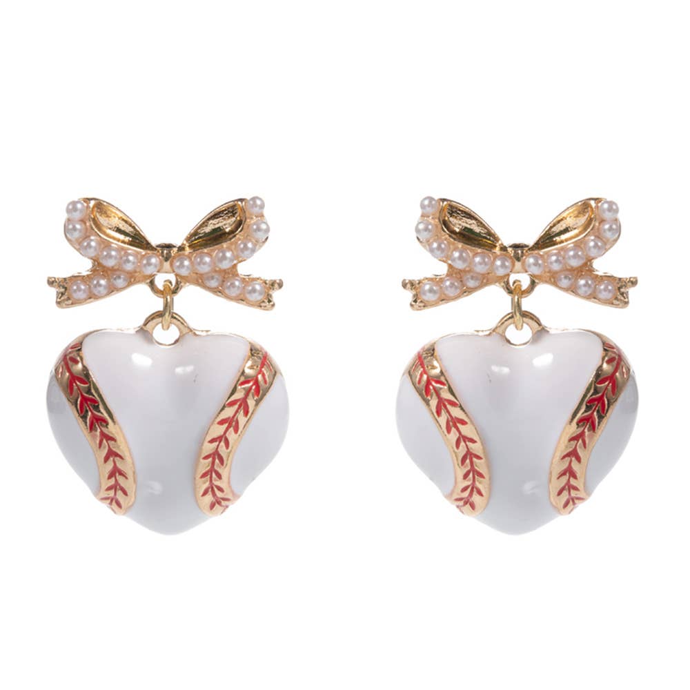 Pearl Bow Heart Baseball Charm Drop Dangle Earrings