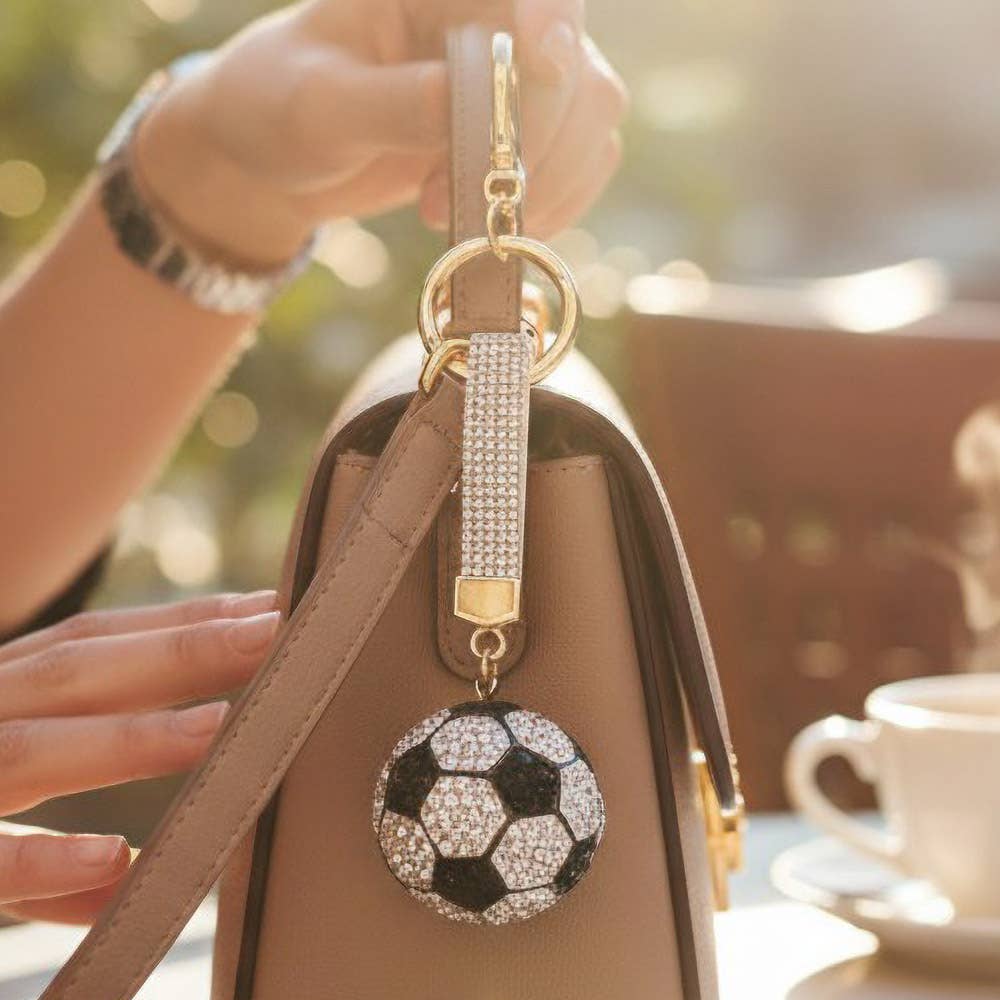 Bling Studded Soccer Ball Bag Charm Keychain