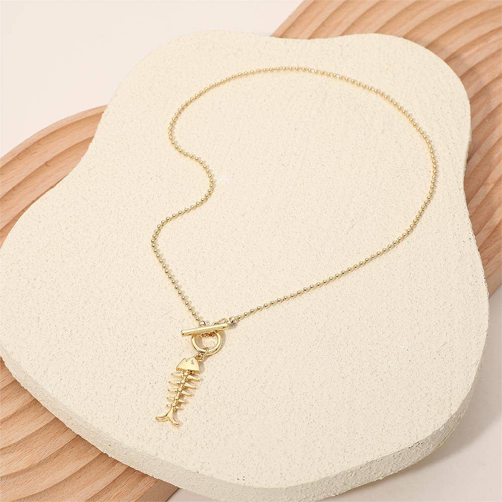 Metal Fishbone Toggle Pendant Beaded Chain Necklace