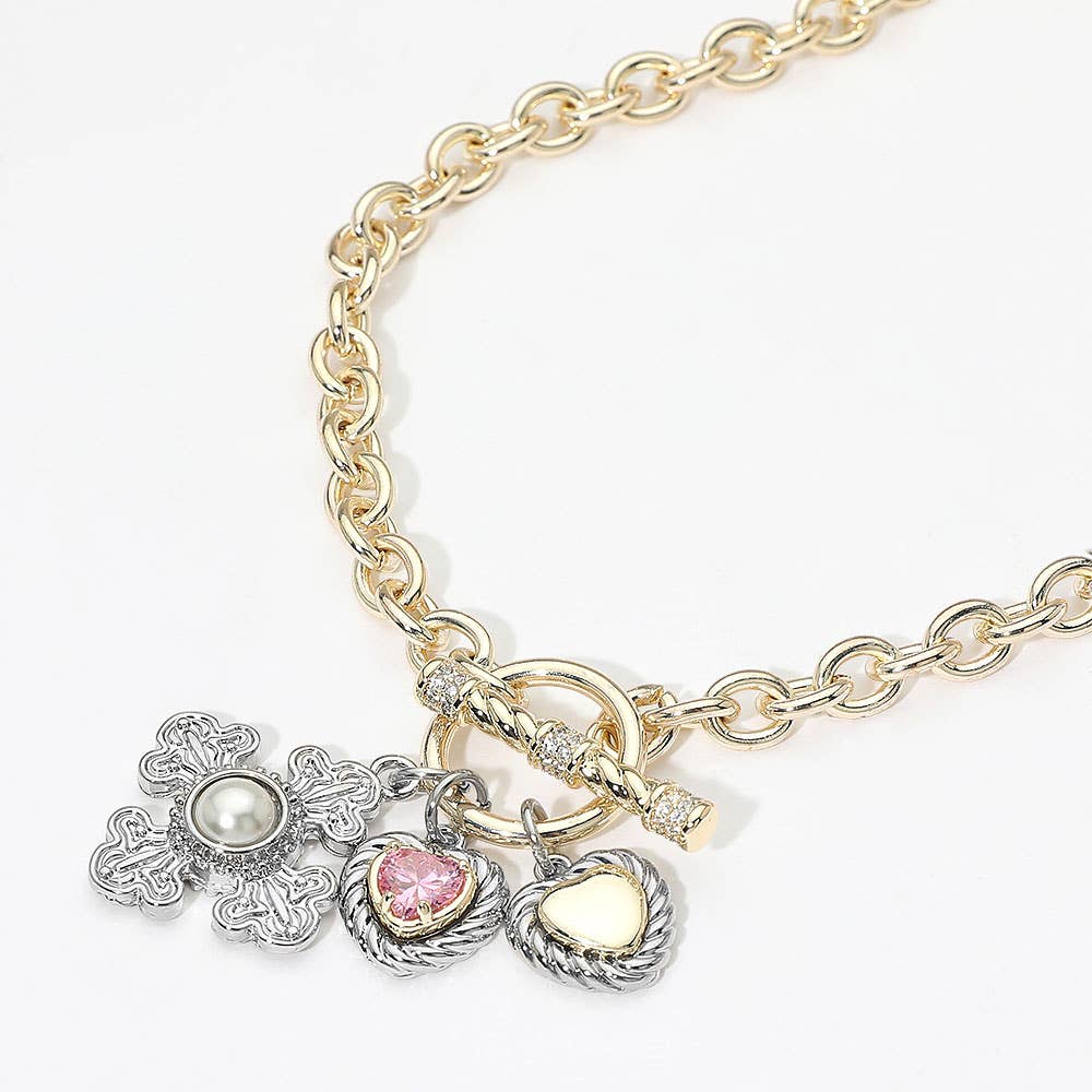 14K Gold Plated Pink Heart Pearl Accent Cross Charm Pendant Toggle Necklace