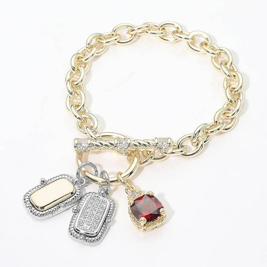 14K Gold Plated Stone Two Tone Bar Charm Accent Toggle Bracelet