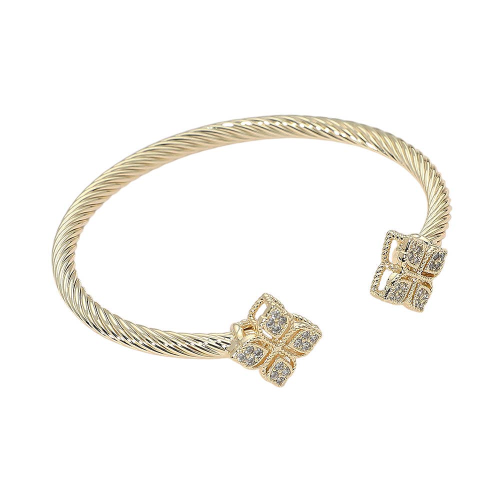 14K Gold Plated Pave Clover Tip Twisted Cuff Bracelet