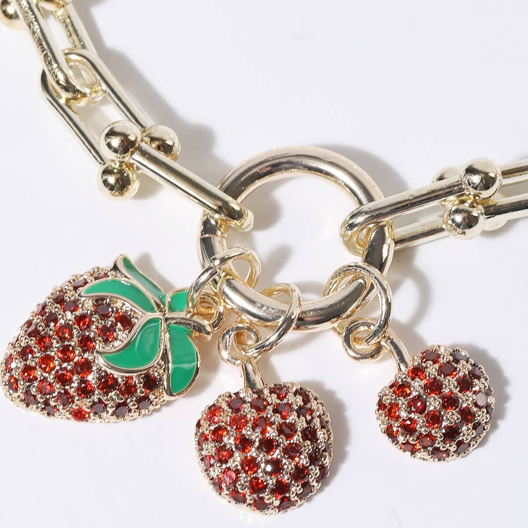 Gold Bracelet with CZ Strawberry Charms