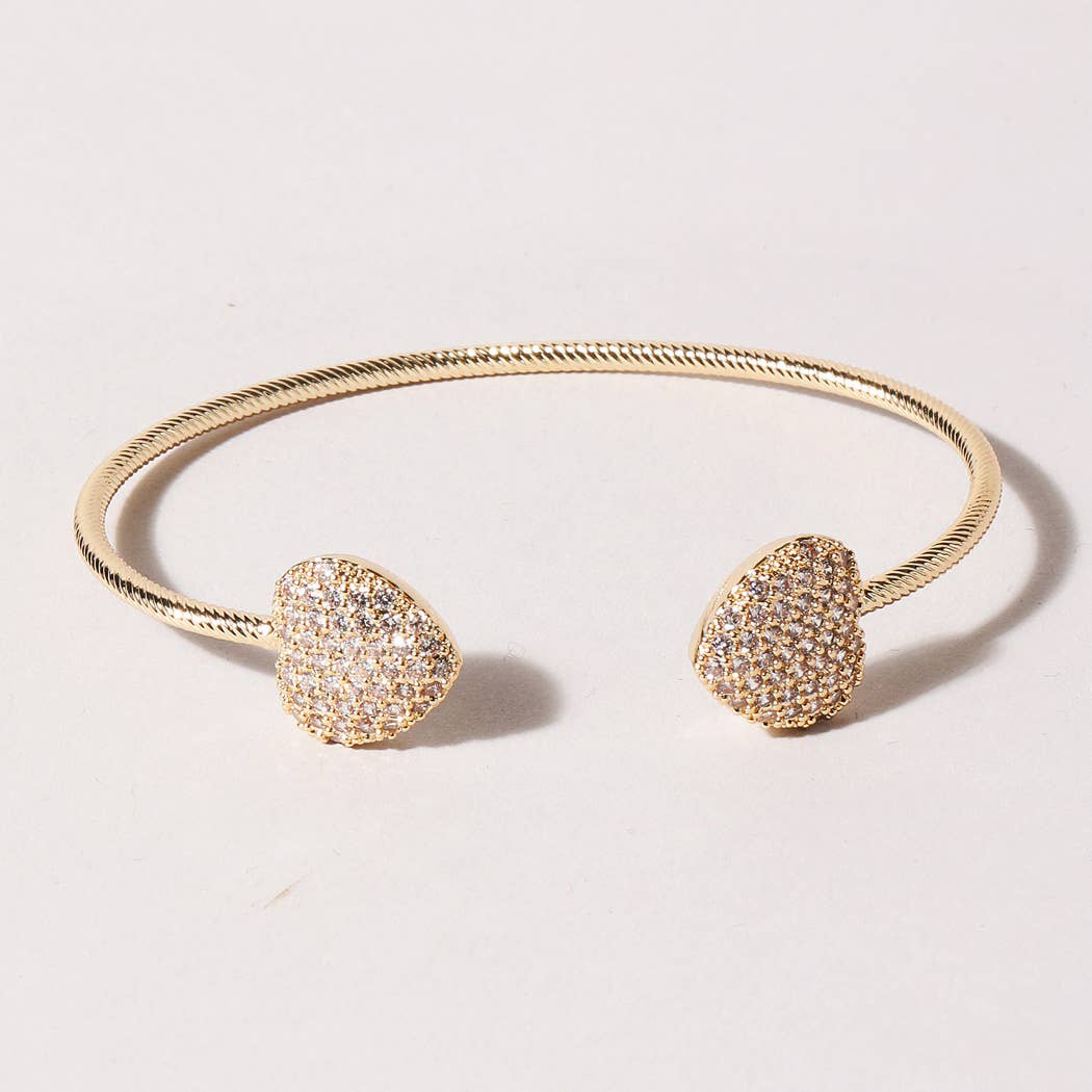 2 Heart Pave Gold Wire Bangle Bracelet