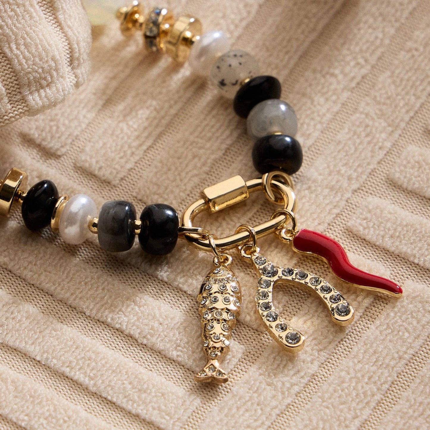 Vibrant Beaded Bracelet | Gold-Tone Trio Charms